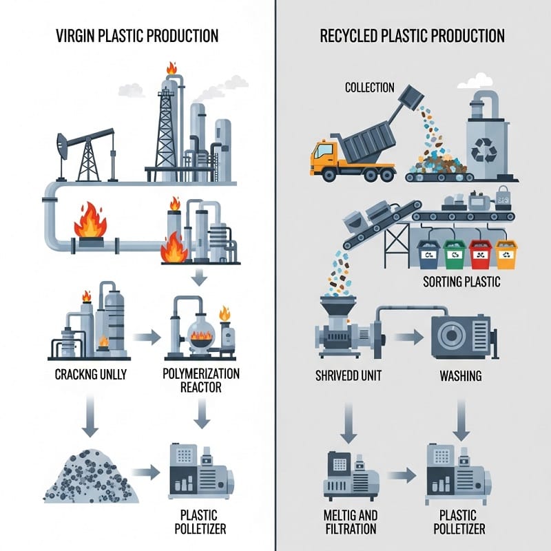So sánh quy trình sản xuất hạt nhựa nguyên sinh và tái sinh