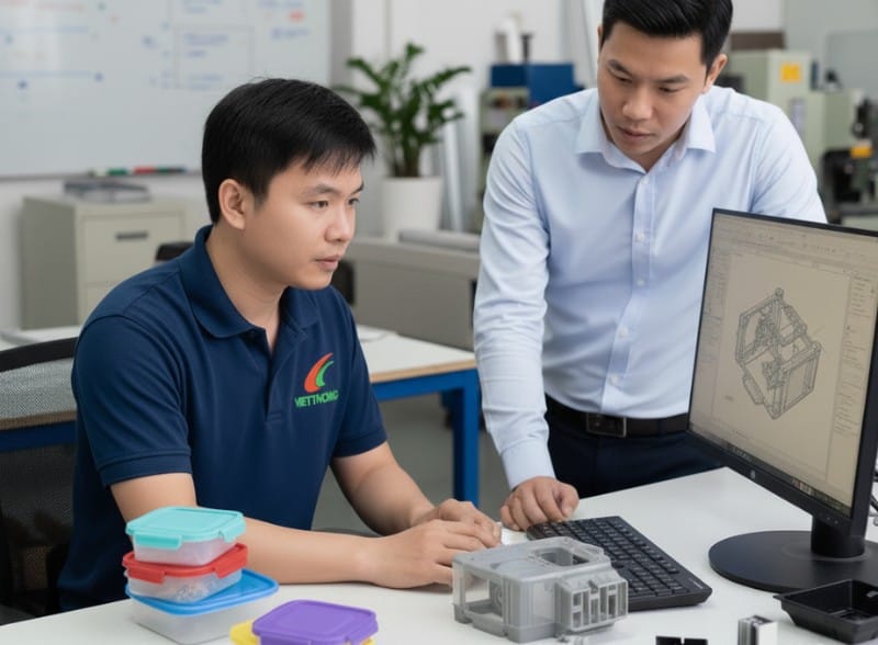 Kỹ sư Việt Thống đang thiết kế bản vẽ sản phẩm theo yêu cầu khách hàng