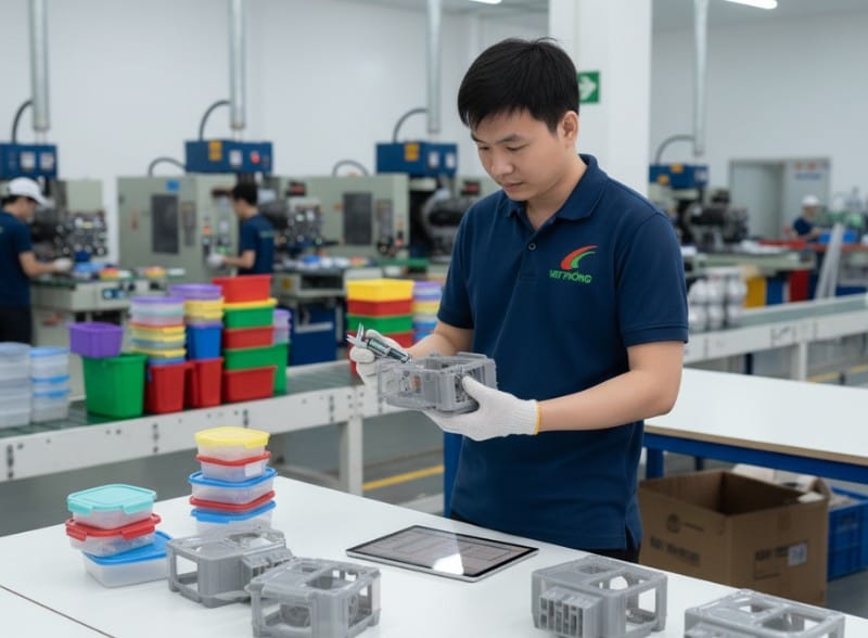 Kỹ thuật viên Việt Thống kiểm tra chất lượng sản phẩm sau gia công