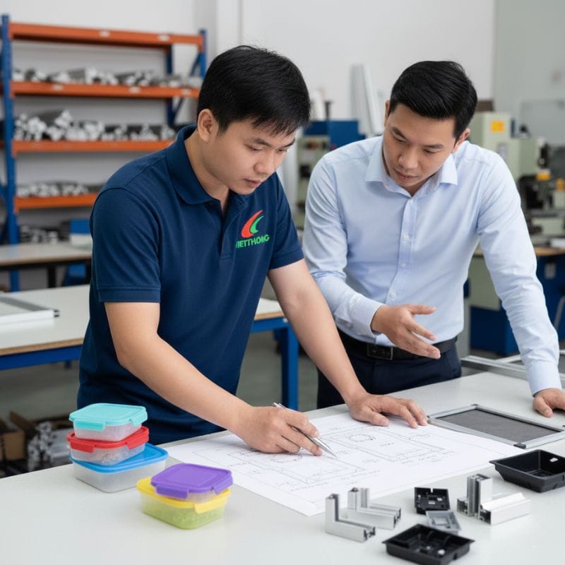 Kỹ thuật viên Việt Thống đang tư vấn bản vẽ và giải pháp gia công ép nhựa cho khách hàng