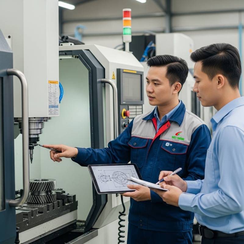 Kỹ thuật viên Việt Thống tư vấn giải pháp gia công phay nhông và hỗ trợ khách hàng chuyên nghiệp